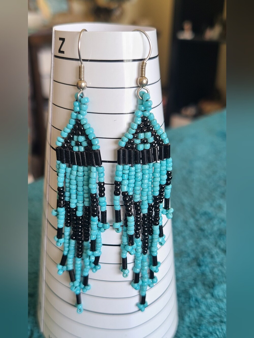 Turquoise & Black Beaded Fringe Dangle Earrings